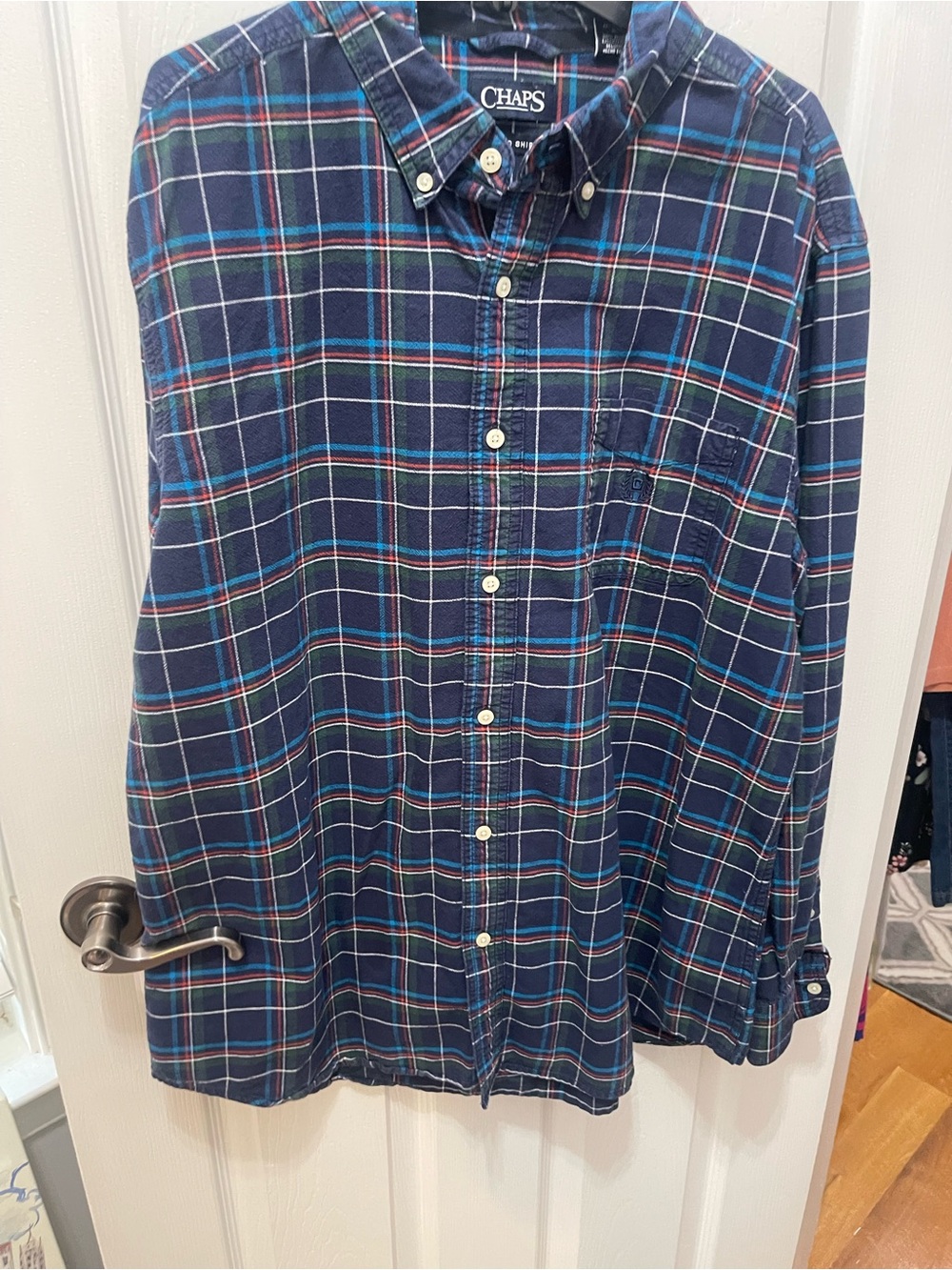Chaps Navy Plaid Button-Down Shirt with Blue and Green Stripes